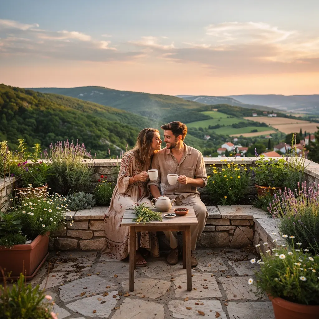 Biljni napitak od lavande na drvenom stolu.